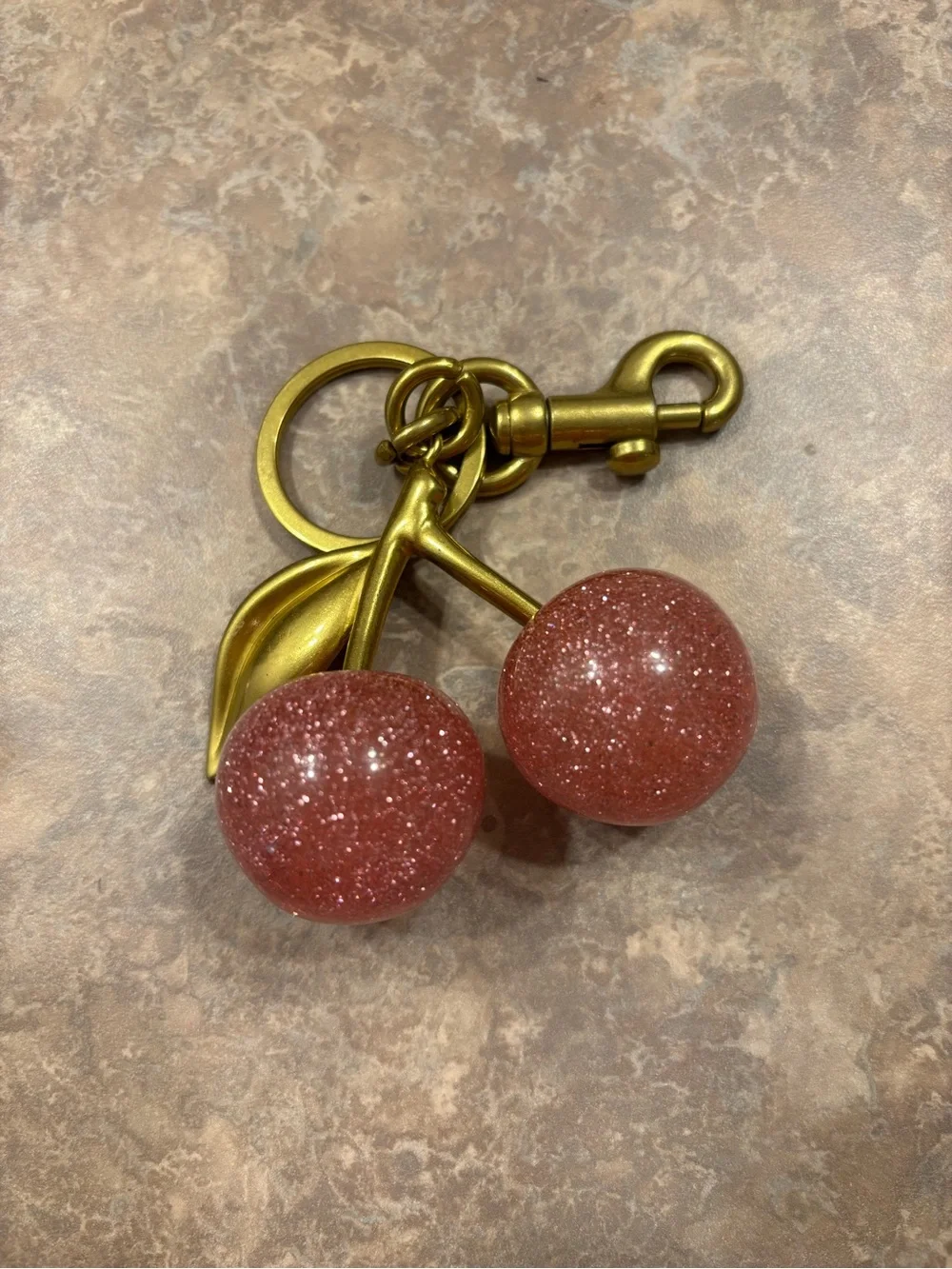 Glitter Pink Cherry Key Chain and Charm - Gold Hardware
